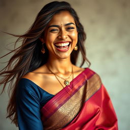 A captivating portrait of a woman expressing a joyful 'Ahhh' sound, with her mouth open in a delighted smile