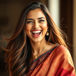 A captivating portrait of a woman expressing a joyful 'Ahhh' sound, with her mouth open in a delighted smile