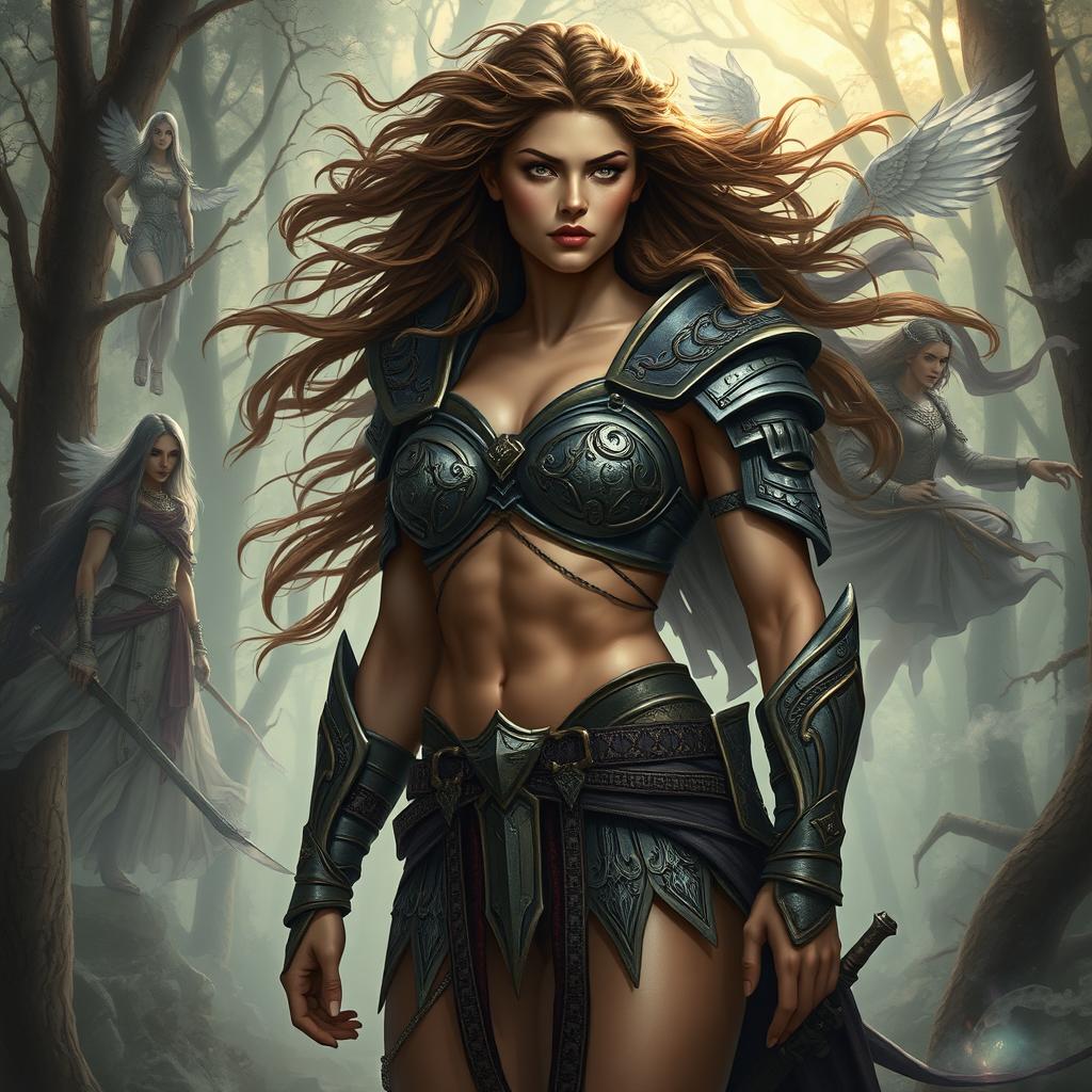 A strong warrior woman standing in a dramatic pose, deeply engaged in memories of her past lives