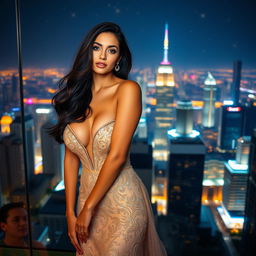 A stunningly beautiful woman in a luxurious, intricately designed evening gown with a daring neckline, posing confidently amidst a glamorous backdrop of a beautifully lit cityscape at night