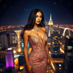 A stunningly beautiful woman in a luxurious, intricately designed evening gown with a daring neckline, posing confidently amidst a glamorous backdrop of a beautifully lit cityscape at night