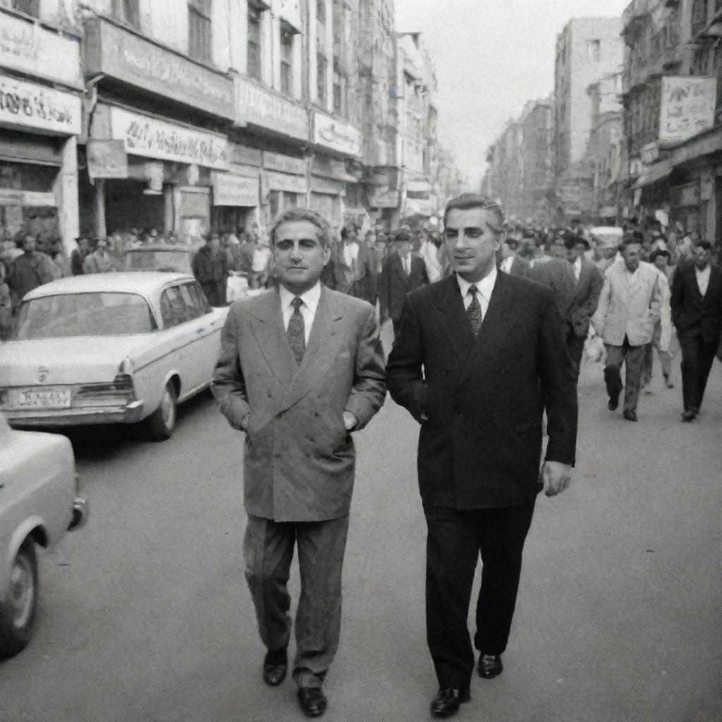 A historical image of Reza Pahlavi walking through the streets of Tehran filled with hustle and bustle, showcasing the contrast between the past and present.