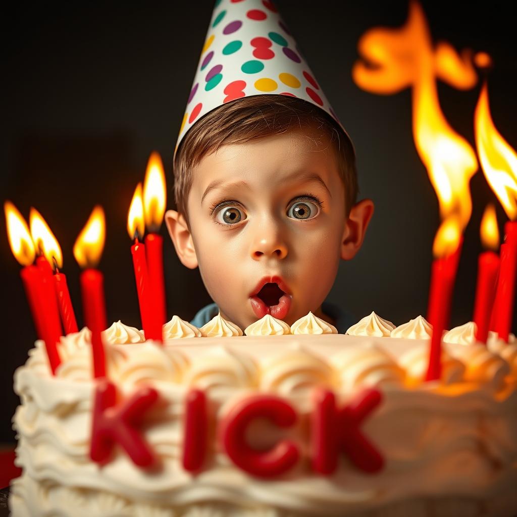 A young boy wearing a colorful birthday hat, his eyes wide with shock as he gazes at a large flaming white cream birthday cake