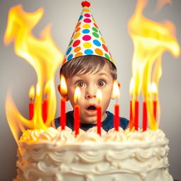 A young boy wearing a colorful birthday hat, his eyes wide with shock as he gazes at a large flaming white cream birthday cake