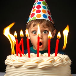 A young boy wearing a colorful birthday hat, his eyes wide with shock as he gazes at a large flaming white cream birthday cake