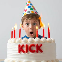 A young boy wearing a colorful birthday hat, his eyes wide with shock as he gazes at a large flaming white cream birthday cake