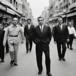 A historical image of Reza Pahlavi walking through the streets of Tehran filled with hustle and bustle, showcasing the contrast between the past and present.