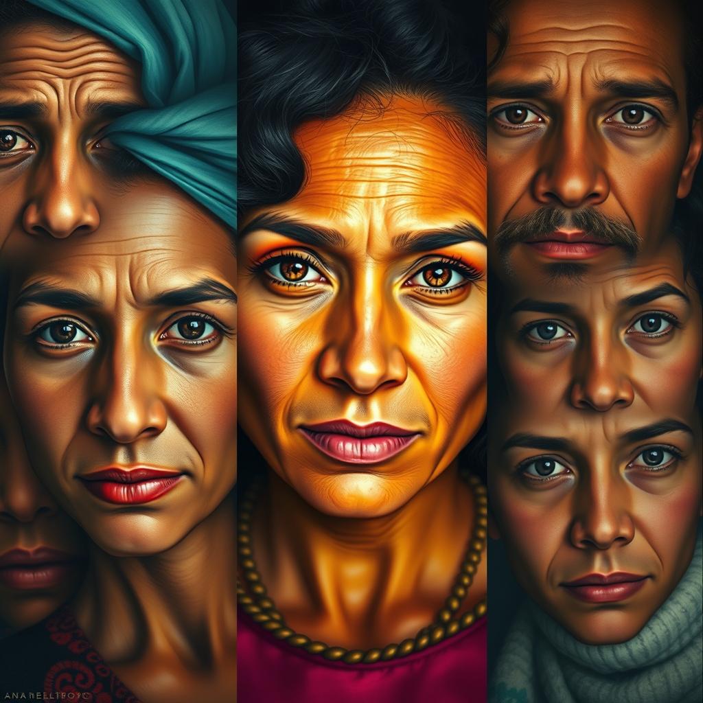 A vibrant and captivating portrait series titled 'Cien Rostros Cien Vidas' by Ana Belouche, featuring a diverse range of subjects from various backgrounds, showcasing their unique life stories through expressive facial features and body language