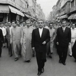 A historical image of Reza Pahlavi walking through the streets of Tehran filled with hustle and bustle, showcasing the contrast between the past and present.