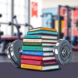 A creative illustration featuring a gym dumbbell intertwined with a stack of colorful books