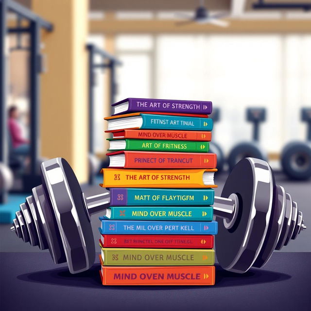 A creative illustration featuring a gym dumbbell intertwined with a stack of colorful books