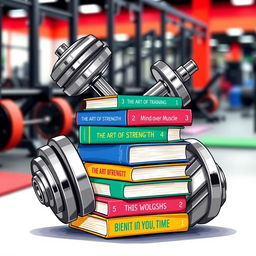 A creative illustration featuring a gym dumbbell intertwined with a stack of colorful books