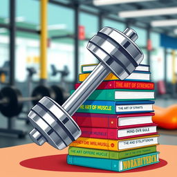 A creative illustration featuring a gym dumbbell intertwined with a stack of colorful books