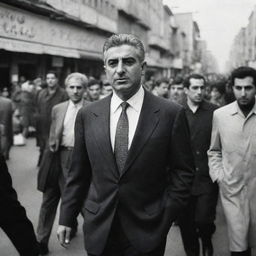 A historical image of Reza Pahlavi walking through the streets of Tehran filled with hustle and bustle, showcasing the contrast between the past and present.