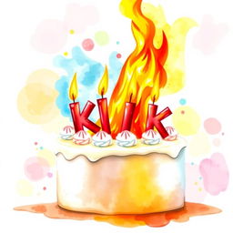 A vibrant watercolor illustration of a flaming white cream birthday cake, featuring red candlesticks arranged in the playful shape of the word 'KICK'