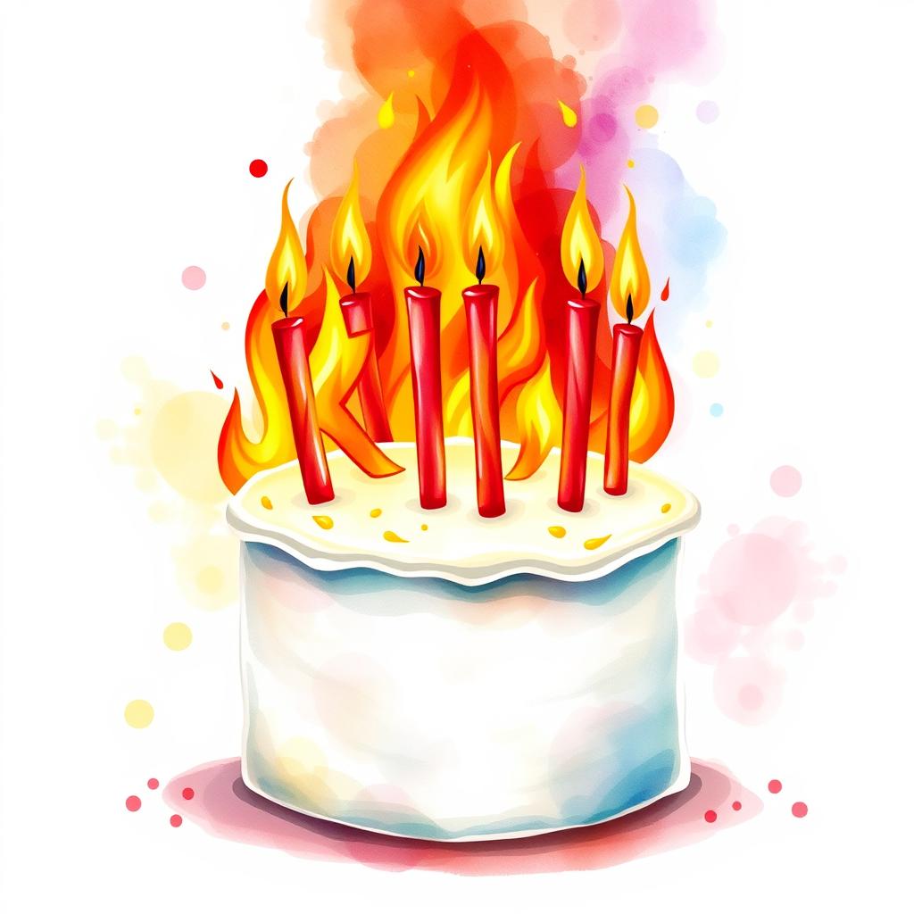 A vibrant watercolor illustration of a flaming white cream birthday cake, featuring red candlesticks arranged in the playful shape of the word 'KICK'