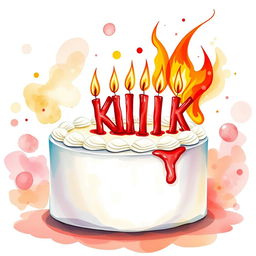 A vibrant watercolor illustration of a flaming white cream birthday cake, featuring red candlesticks arranged in the playful shape of the word 'KICK'