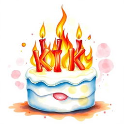 A vibrant watercolor illustration of a flaming white cream birthday cake, featuring red candlesticks arranged in the playful shape of the word 'KICK'