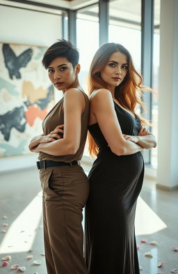 A captivating scene depicting two strong women standing back to back in an elegant, modern setting that symbolizes empowerment after betrayal and divorce