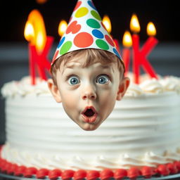 A young boy wearing a colorful birthday hat, facing directly towards the viewer with a shocked expression on his face