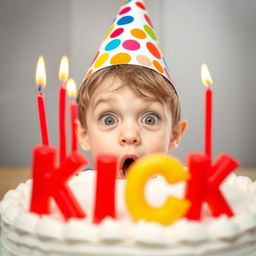 A young boy wearing a colorful birthday hat, facing directly towards the viewer with a shocked expression on his face