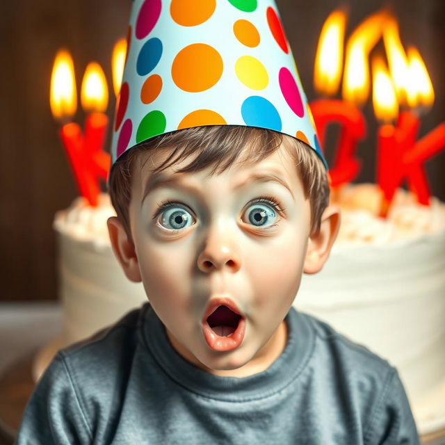 A young boy wearing a colorful birthday hat, facing directly towards the viewer with a shocked expression on his face