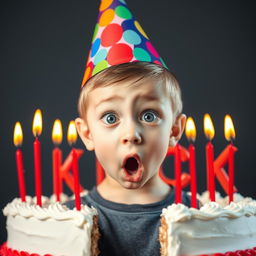 A young boy wearing a colorful birthday hat, facing directly towards the viewer with a shocked expression on his face