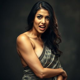 A provocative portrait of a woman with an expressive face conveying intense passion, featuring an open saree that artfully drapes around her, revealing her figure in a suggestive yet elegant manner