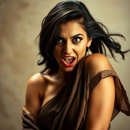 A provocative portrait of a woman with an expressive face conveying intense passion, featuring an open saree that artfully drapes around her, revealing her figure in a suggestive yet elegant manner