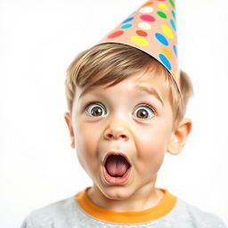 A young boy wearing a colorful birthday hat, facing directly towards the viewer with a shocked expression on his face