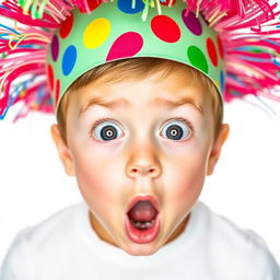 A young boy wearing a colorful birthday hat, facing directly towards the viewer with a shocked expression on his face