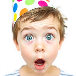 A young boy wearing a colorful birthday hat, facing directly towards the viewer with a shocked expression on his face