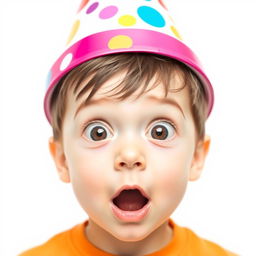 A young boy wearing a colorful birthday hat, facing directly towards the viewer with a shocked expression on his face