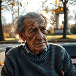 A very sad 85-year-old Russian man sitting alone on a park bench, his facial expression deeply sorrowful, with wrinkles showcasing a life filled with hardship