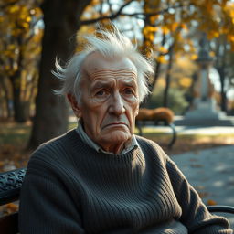 A very sad 85-year-old Russian man sitting alone on a park bench, his facial expression deeply sorrowful, with wrinkles showcasing a life filled with hardship