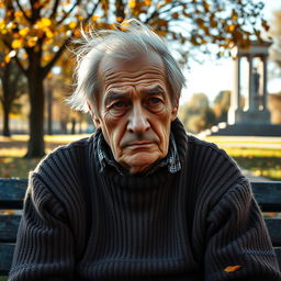 A very sad 85-year-old Russian man sitting alone on a park bench, his facial expression deeply sorrowful, with wrinkles showcasing a life filled with hardship