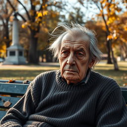 A very sad 85-year-old Russian man sitting alone on a park bench, his facial expression deeply sorrowful, with wrinkles showcasing a life filled with hardship