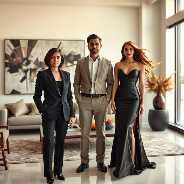 An emotionally charged scene to represent the title 'Shattered Lies,' featuring two empowered women alongside a man in a modern, sophisticated environment