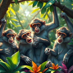 A group of playful monkeys wearing intricate silver chains and sparkling diamond rings, showcasing their playful antics in a lush jungle environment