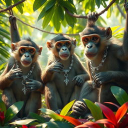 A group of playful monkeys wearing intricate silver chains and sparkling diamond rings, showcasing their playful antics in a lush jungle environment