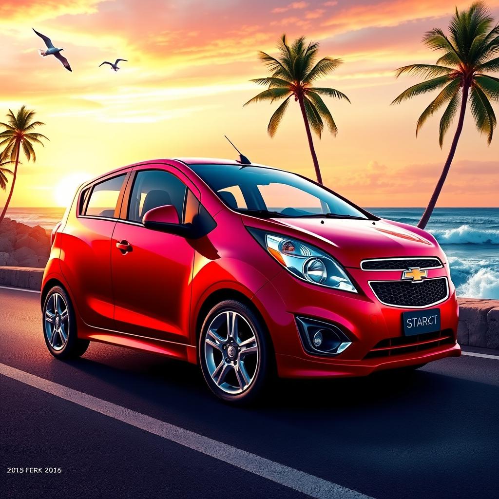 A vivid portrayal of a 2015 Chevrolet Spark GT parked on a scenic coastal road during sunset