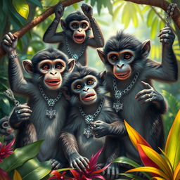 A group of playful monkeys wearing intricate silver chains and sparkling diamond rings, showcasing their playful antics in a lush jungle environment