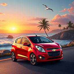 A vivid portrayal of a 2015 Chevrolet Spark GT parked on a scenic coastal road during sunset