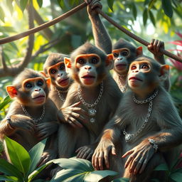 A group of playful monkeys wearing intricate silver chains and sparkling diamond rings, showcasing their playful antics in a lush jungle environment