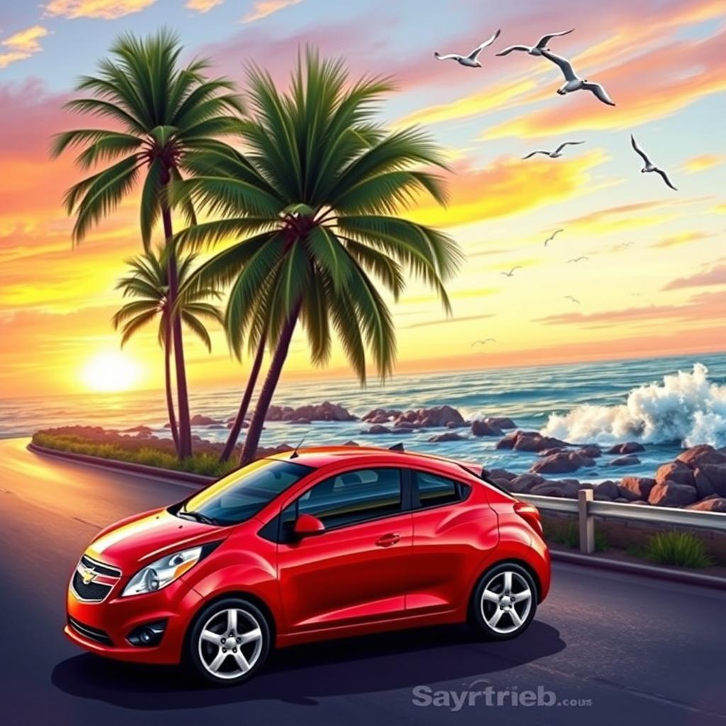 A vivid portrayal of a 2015 Chevrolet Spark GT parked on a scenic coastal road during sunset