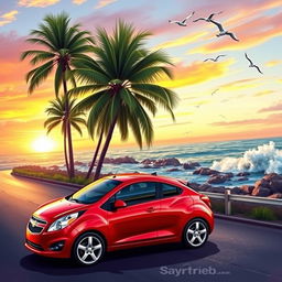 A vivid portrayal of a 2015 Chevrolet Spark GT parked on a scenic coastal road during sunset