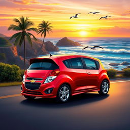 A vivid portrayal of a 2015 Chevrolet Spark GT parked on a scenic coastal road during sunset