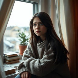 A very sad 20-year-old Russian girl sitting on a windowsill, gazing out with a distant look in her eyes