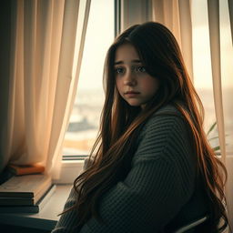 A very sad 20-year-old Russian girl sitting on a windowsill, gazing out with a distant look in her eyes