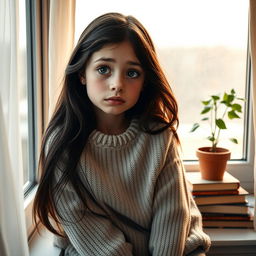 A very sad 20-year-old Russian girl sitting on a windowsill, gazing out with a distant look in her eyes